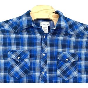 Men’s Wrangler Pearl Snap Plaid Western S/S Shirt XXL Cowboy Rancher Rodeo Blue